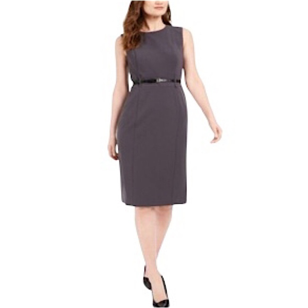 Calvin Klein Sleeveless‎ Belted Jewel neckline Carrier Sheath Charcoal Dress 4